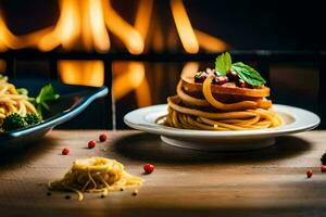 pasta y vegetales en un mesa en frente de un chimenea. generado por ai foto