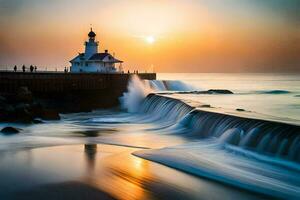 a lighthouse sits on the shore of a body of water. AI-Generated photo