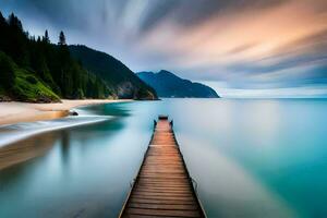 a long exposure photo of a pier stretching into the ocean. AI-Generated