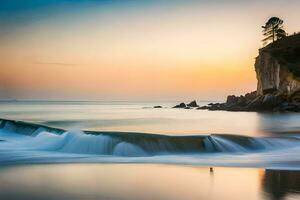 a sunset over the ocean with waves crashing into the shore. AI-Generated photo