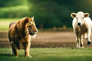 un león y un vaca en un campo. generado por ai foto