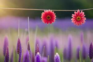 two flowers are hanging on a wire in a field. AI-Generated photo