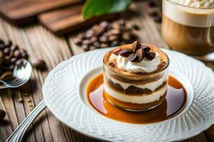 coffee and dessert on a wooden table. AI-Generated photo