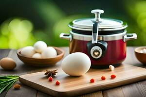 eggs on a cutting board with a pot and other ingredients. AI-Generated photo