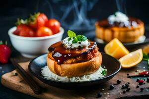 the food is served on a wooden board with a bowl of strawberries. AI-Generated photo