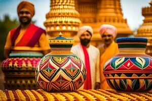 a group of men in turbans standing next to colorful vases. AI-Generated photo