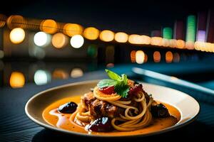 a plate of spaghetti with tomato sauce and a view of the city. AI-Generated photo