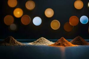 three different types of spices are shown in front of a light background. AI-Generated photo