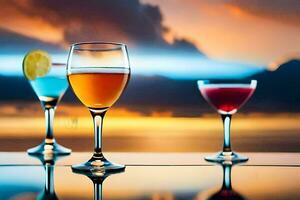 three glasses of different colored drinks on a table. AI-Generated photo