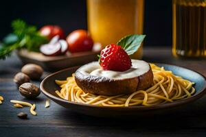 spaghetti with cheese and tomato sauce on a wooden table. AI-Generated photo