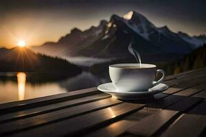 coffee, the sun, mountains, lake, the sun, the mountains, the lake,. AI-Generated photo