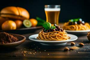 spaghetti with olives and beer on a wooden table. AI-Generated photo