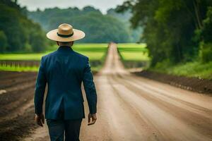 a man in a suit and hat walking down a dirt road. AI-Generated photo