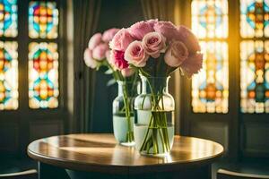 rosado rosas en floreros en un mesa en frente de manchado vaso ventanas generado por ai foto