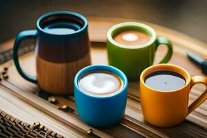 three colorful coffee cups on a wooden table. AI-Generated photo