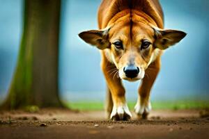 un marrón perro caminando en un suciedad la carretera. generado por ai foto