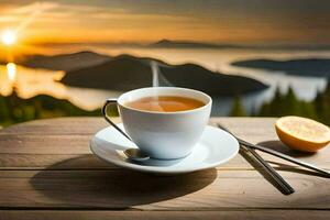 a cup of tea on a wooden table with a view of the mountains. AI-Generated photo