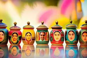 a row of colorful painted jars with faces on them. AI-Generated photo