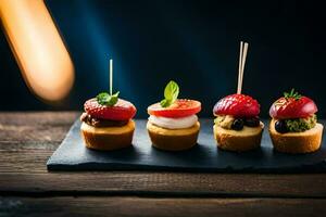 pequeño aperitivos en un negro pizarra. generado por ai foto