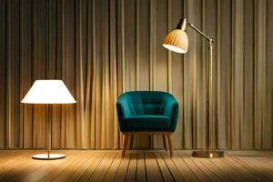 a chair and lamp in a room. AI-Generated photo