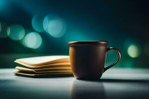 coffee cup and notebook on the table. AI-Generated photo