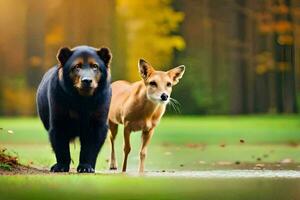 un negro oso y un ciervo caminando mediante un bosque. generado por ai foto