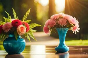 two blue vases with flowers on a table. AI-Generated photo