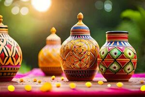 three colorful vases on a table with yellow beads. AI-Generated photo