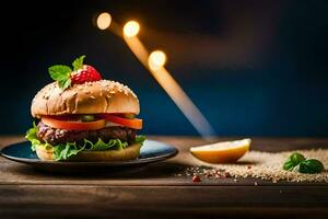 a hamburger with tomatoes and lettuce on a plate. AI-Generated photo