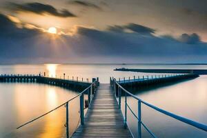 a pier in the water at sunset. AI-Generated photo