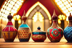 five colorful vases are lined up on a table. AI-Generated photo