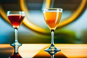 two glasses of wine on a table. AI-Generated photo
