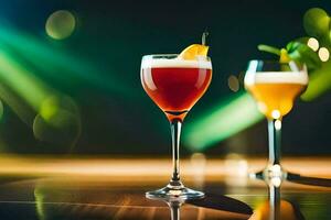 two cocktails on a table with a bright light. AI-Generated photo