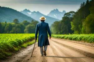 a man in a suit and hat walking down a dirt road. AI-Generated photo