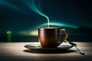 a cup of coffee with a steaming smoke on a wooden table. AI-Generated photo