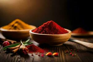 spices in bowls on a wooden table. AI-Generated photo