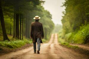 a man in a hat and coat walking down a dirt road. AI-Generated photo