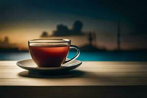 a cup of tea on a wooden table in front of a cityscape. AI-Generated photo