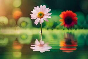 two flowers are standing in the water with a green background. AI-Generated photo