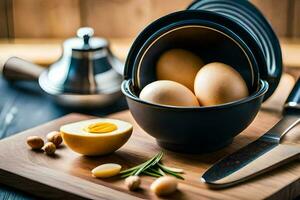 eggs in a bowl on a cutting board. AI-Generated photo