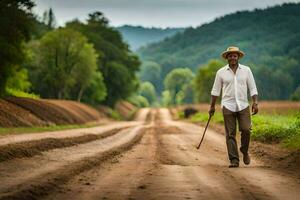 a man walking on a dirt road with a cane. AI-Generated photo