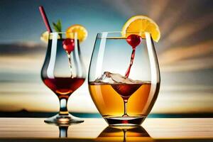 two glasses of alcoholic drink with cherries and orange slices. AI-Generated photo