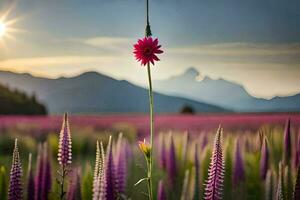 un flor soportes en el medio de un campo. generado por ai foto