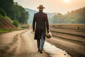 a man in a suit and hat walking down a dirt road. AI-Generated photo