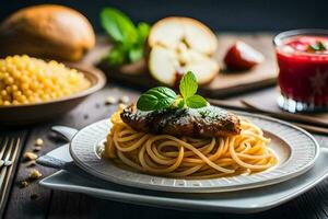 spaghetti with meat and vegetables on a plate. AI-Generated photo