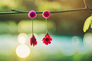 two red flowers hanging from a branch. AI-Generated photo