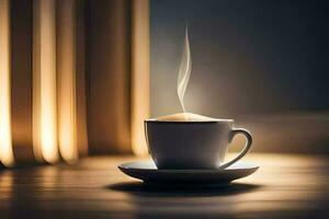 a cup of coffee on a table with a window. AI-Generated photo