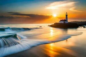 un faro se sienta en el apuntalar de un playa a puesta de sol. generado por ai foto