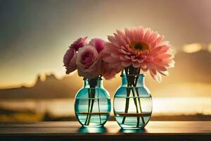 two vases with pink flowers sitting on a table. AI-Generated photo