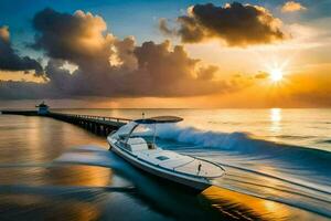 un barco es de viaje en el Oceano a puesta de sol. generado por ai foto